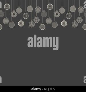 Seamless border made of Christmas ball toy decorations hanging on grey background Stock Vector