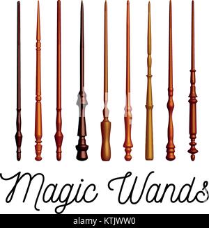 Set of wooden magic wands on white background. Vector Stock Vector