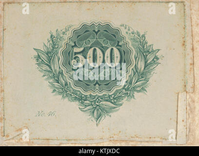 Detailed design of banknote motif number 500, featuring a central circular pattern with lathe-turned wavy edges, encircled by an open wreath of leaves, berries, and flowers. Stock Photo