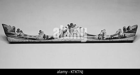 This antique bedstead, cataloged as MET 215100, is an example of 19th-century design in bedroom furniture. It reflects the era's craftsmanship and materials used in creating functional yet decorative home furnishings. Stock Photo