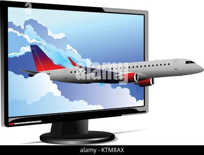 Flat computer monitor with plane image. Display. Vector illustration Stock Vector