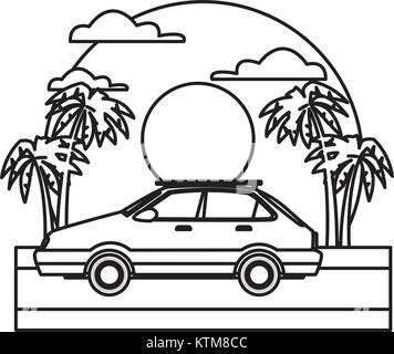 Car sideview vehicle on sunset landscape icon vector illustration Stock Vector