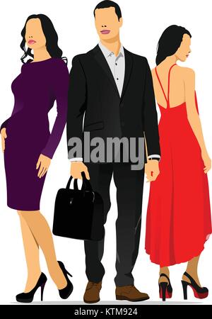 Young handsome man and two young women. Businessman. Business woman. Vector illustration Stock Vector