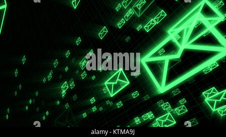 An impressive 3d illustration of flying green electronic mail envelops maintaining the world communication process. They are in the black background p Stock Photo