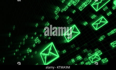 An exciting 3d rendering of flying green electronic mail envelops maintaining the world communication process. They are in the black background placed Stock Photo