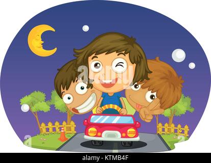 kids driving at night in car Stock Vector