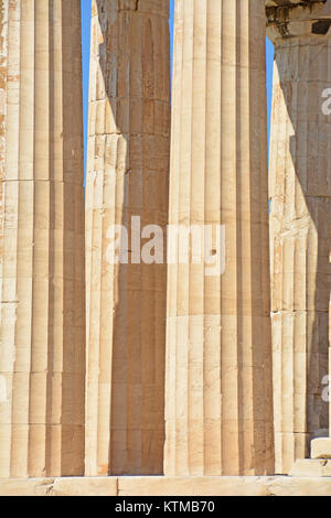 Detail of the massive fluted Doric order columns of the Parthenon, on the Athens Acropolis, Greece Stock Photo