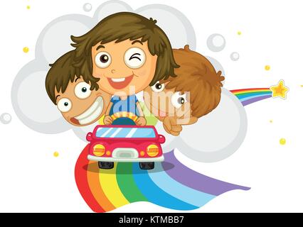 Kids driving on a rainbow Stock Vector