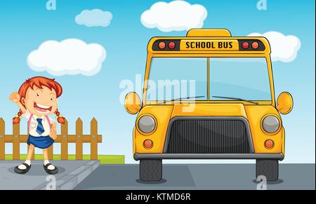 illustration of school bus and girl Stock Vector