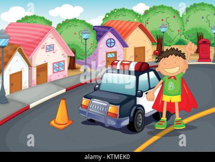 illustration of a boy and car on road Stock Vector