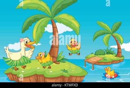 illustration of a duck and ducklings on island Stock Vector