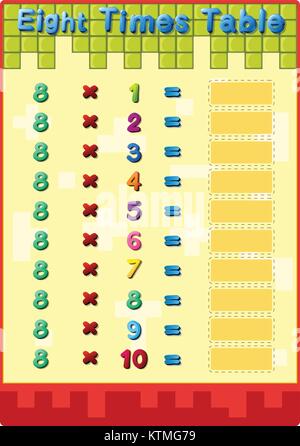 Worksheet of the 8 times tables Stock Vector