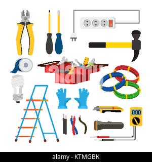 Electrician Icons Set Vector. Electrician Accessories. Stepladder, Gloves, Light Bulb, Wire, Screwdriver, Lantern, Knife, Voltmeter, Wire. Isolated Flat Cartoon Illustration Stock Vector