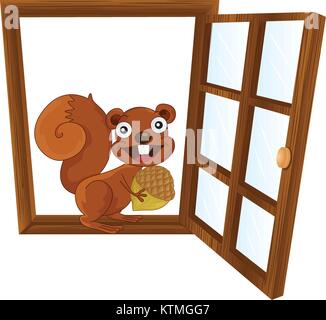 illustration of window and squirrel on white background Stock Vector