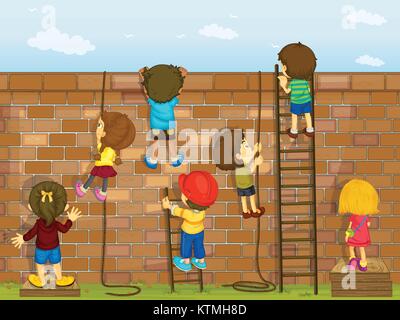 illustration of kids climbing on a brick wall Stock Vector