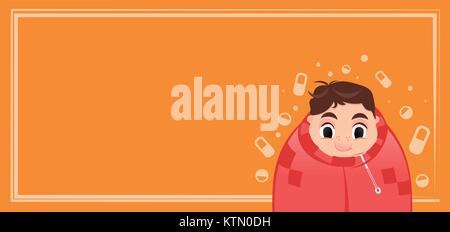 Young man having a cold, holding thermometer in mouth during winter flu season, cartoon style vector illustration Stock Vector