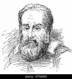 Engraving of Galileo Galilei (1564-1642), Italian astronomer and physicist. From an original engraving in the Historian's History of the World, 1908 Stock Photo