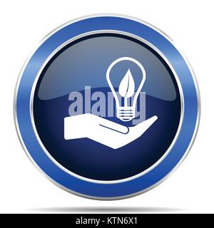 Ecology bulb on hand vector icon. Modern design blue silver metallic glossy web and mobile applications button in eps 10 Stock Vector