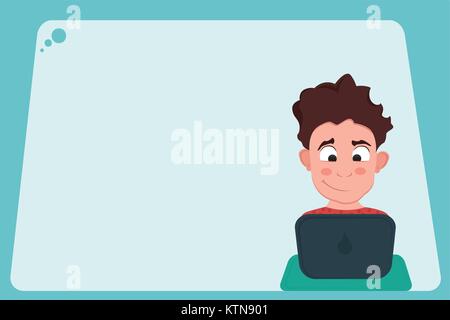Young programmer man character coding on notebook or having romantic chart in internet with someone Stock Vector