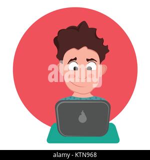 Young programmer man character coding on notebook or having romantic chart in internet with someone Stock Vector