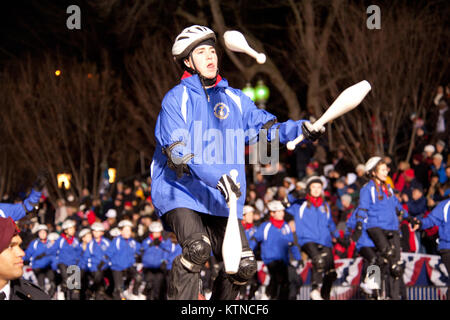 WASHINGTON, D.C. — – Members of Gym Dandies Childrens Circus, of Maine, ride six-foot unicycles in formation, and wow viewers in the Presidential Reviewing Stand as they perform in the 57th Presidential Inauguration Parade on Monday, January 21, 2013.    The procession of more than 8,000 people that started at Constitution Avenue continued down Pennsylvania Avenue to the White House included ceremonial military regiments, citizen groups, marching bands and floats. The President, Vice President, their spouses and special guests then review the parade as it passes in front of the Presidential Re Stock Photo