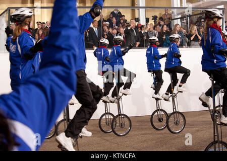 WASHINGTON, D.C. — – Members of Gym Dandies Childrens Circus, of Maine, ride six-foot unicycles in formation, and wow viewers in the Presidential Reviewing Stand as they perform in the 57th Presidential Inauguration Parade on Monday, January 21, 2013.    The procession of more than 8,000 people that started at Constitution Avenue continued down Pennsylvania Avenue to the White House included ceremonial military regiments, citizen groups, marching bands and floats. The President, Vice President, their spouses and special guests then review the parade as it passes in front of the Presidential Re Stock Photo