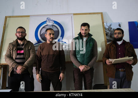 The Aleppo Media Forum hold a course in the principles of television filming at the cultural centre in the town of Anjara, in the Western Aleppo countryside. 21st Dec, 2017. As the course terminates participants receive certificates of attendance Credit: Juma Mohammed/ImagesLive/ZUMA Wire/Alamy Live News Stock Photo