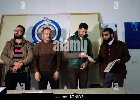 The Aleppo Media Forum hold a course in the principles of television filming at the cultural centre in the town of Anjara, in the Western Aleppo countryside. 21st Dec, 2017. As the course terminates participants receive certificates of attendance Credit: Juma Mohammed/ImagesLive/ZUMA Wire/Alamy Live News Stock Photo