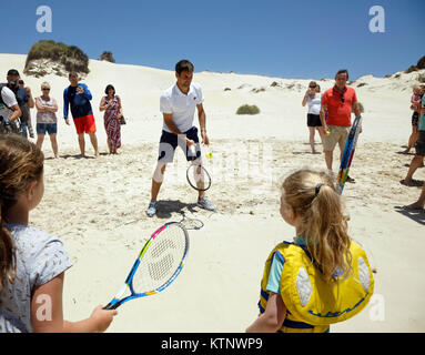 Tennis player Roger Federer visits Rottnest Island of the coast of Perth, Wewstern Australia as a promotion for his appearance at the Hopman Cup. Stock Photo