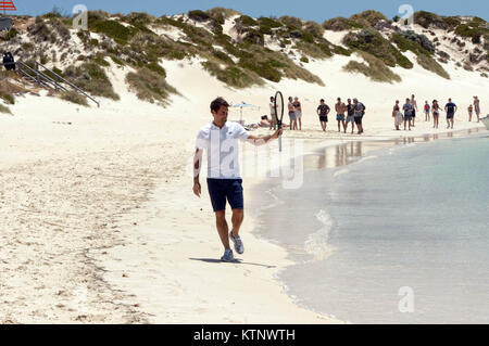 Tennis player Roger Federer visits Rottnest Island of the coast of Perth, Wewstern Australia as a promotion for his appearance at the Hopman Cup. Stock Photo