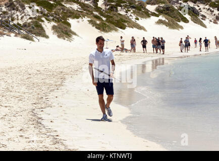 Tennis player Roger Federer visits Rottnest Island of the coast of Perth, Wewstern Australia as a promotion for his appearance at the Hopman Cup. Stock Photo