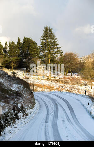 Snow covered road near Devils Bridge, Ceredigion, Wales Stock Photo