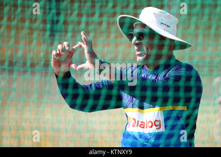 Colombo, Sri Lanka. 28th Dec, 2017. Sri Lanka's newly-appointed head cricket coach Chandika Hathurusingha in acction during a practice session at the R. Premadasa Stadium in Colombo.Sri Lanka are scheduled to take part in a tri-nation, one-day international series in January against Zimbabwe and Bangladesh in Dhaka. Credit: Vimukthi Embuldeniya/Alamy Live News Stock Photo