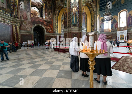 ROSTOV-ON-DON, RUSSIA - CIRCA NOVEMBER 2017: Interior of Orthodox church with different people inside Stock Photo