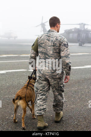 Tech. Sgt. Andrew Montgomery, an Air Force military working dog handler, leads his dog Diesel towards an Army UH-60 Blackhawk helicopter operated by A Company, 3rd Battalion, 142nd Assault Helicopter Company, 42nd Combat Aviation Brigade, during a familiarization exercise for the dogs on Jan. 10, 2014, somewhere in southwest Asia.  The working dogs can be transported by helicopter quickly and efficiently to wherever they're needed once they become comfortable with the aircraft.   The 42nd CAB, New York Army National Guard, is currently deployed overseas in support of Operation Enduring Freedom Stock Photo