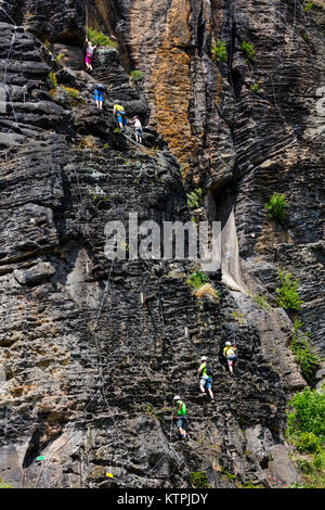 Via Ferrata Shepherd's Bluff, Bohemian Switzerland National Park, Decin Town, Elba River, Czech Republic, Europe Stock Photo