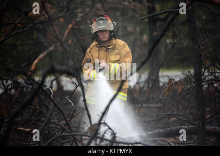 WESTHAMPTON BEACH, NY - Senior Airman Brandon L. Ehlers, a firefighter with the 106th Rescue Wing, sprays down a burned area of woods with water on August 21st, 2015.  Multiple agencies and fire departments responded to a major brushfire in this area. Firefighters from the 106th visited to check for hotspots, a serious concern given the otherwise dry weather over the last week. The four acre fire destroyed a large swath of land outside FS Gabreski ANG just off Old Riverhead Road, requiring a multi-agency response, including eight brush trucks, seven tankers and fourteen different departments w
