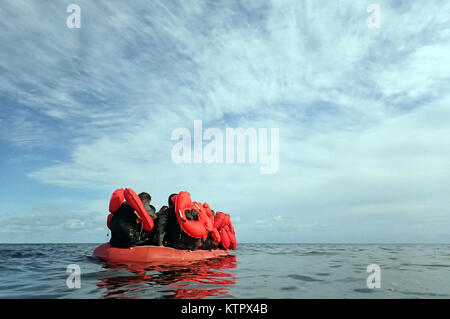 HOMESTEAD, FL - Members of the 101st Rescue Squadron conduct Water Survival Training (WST) near Homestead Air reserve Base on January 20, 2016. During this training, members train on the use of seven and twenty man survival rafts, the ability to work as a team in open water, and the use of their survival equipment. Additionally, aircrew members must conduct multiple dunks in the Shallow Water Egress Trainer in a four foot, man-made pool, and demonstrate an ability to exit an aircraft while upside down and completely submerged under water.   After conducting combat survival training in the subt Stock Photo