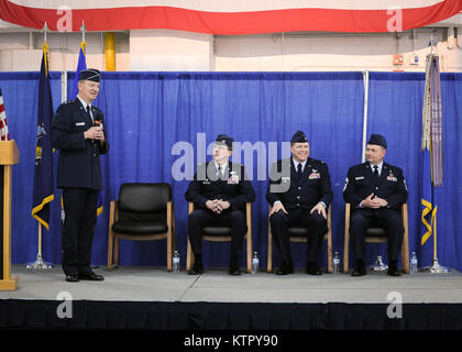 NY Air National Guard Maj. Gen. Anthony P. German, Acting Adjutant General for the state of New York, spoke to the members of the 174th Attack Wing (ATKW) and guests at Hancock Field in Syracuse NY on April 3, 2016.  German was the officiating officer for the change of command ceremony where NY Air National Guard Col. Greg A. Semmel relinquished command of the 174th ATKW to NY Air National Guard Col. Michael R. Smith, formerly the Vice Wing Commander. (NY Air National Guard Photo by Tech. Sgt. Jeremy M. Call) Stock Photo