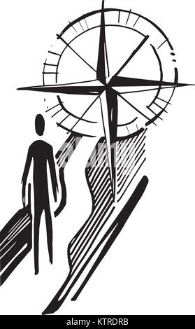 Hand drawn vector illustration or drawing of man silhouette with compass Stock Vector