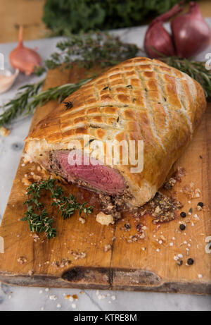Fresh Homemade Beef Wellington in Flaky Puff Pastry Dough Stock Photo