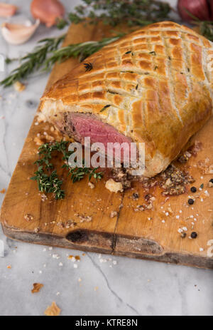 Fresh Homemade Beef Wellington in Flaky Puff Pastry Dough Stock Photo
