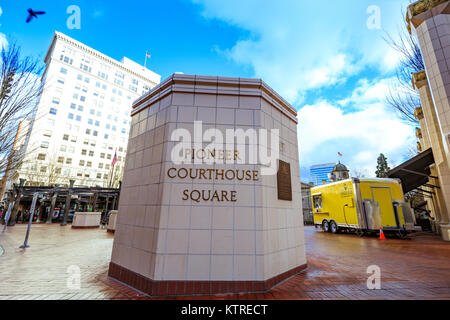 Portland, United States - Dec 21, 2017 : Sign of Pioneer Courthouse Square Stock Photo