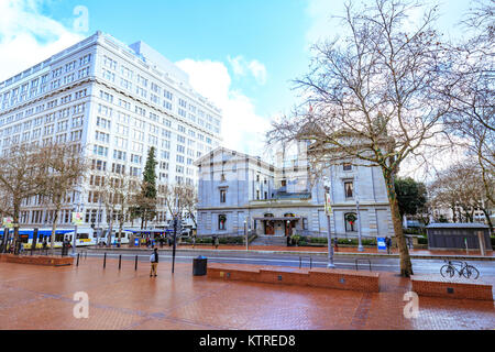 Portland, United States - Dec 21, 2017 : Pioneer Courthouse Square in downtown Stock Photo