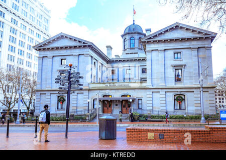Portland, United States - Dec 21, 2017 : Pioneer Courthouse Square in downtown Stock Photo