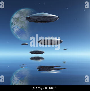 Terraformed Moon and Spacecrafts over water surface. 3D rendering Stock Photo