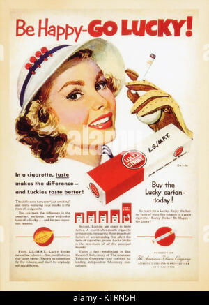 US Vintage Poster card - printed during World War Ⅱ. - Showing up Lucky Strike cigarettes - Be Happy - GO LUCKY ! Stock Photo