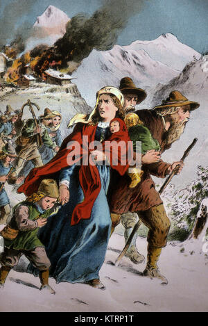 Christians known as the Waldenses  flee Papal persecution in the Piedmont Mountains of Italy circa 1400 Stock Photo