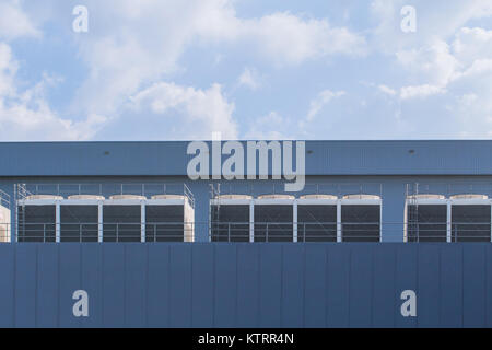 Row of HVAC Chillers Rooftop Units Air Conditioner for Large Industry Air Cooling system Stock Photo