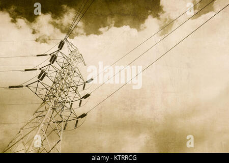 High voltage electricity power line vintage color tone with old grunge texture effect Stock Photo